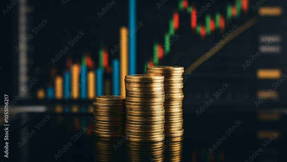 Stacks of coins against a blurred stock market chart background. Stacks of coins against a blurred stock market chart background.