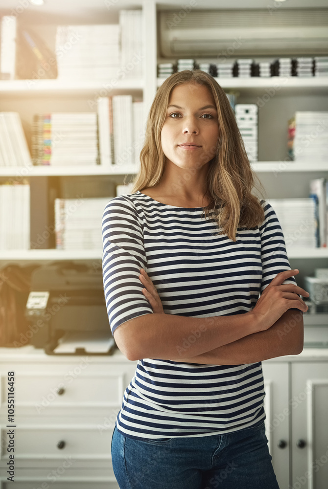 Woman, portrait and publisher in home office, arms crossed and bookshelf for editing fiction. Female person, story writer and proud of novel collection, confident and independent startup company Woman, portrait and publisher in home office, arms crossed and bookshelf for editing fiction. Female person, story writer and proud of novel collection, confident and independent startup company