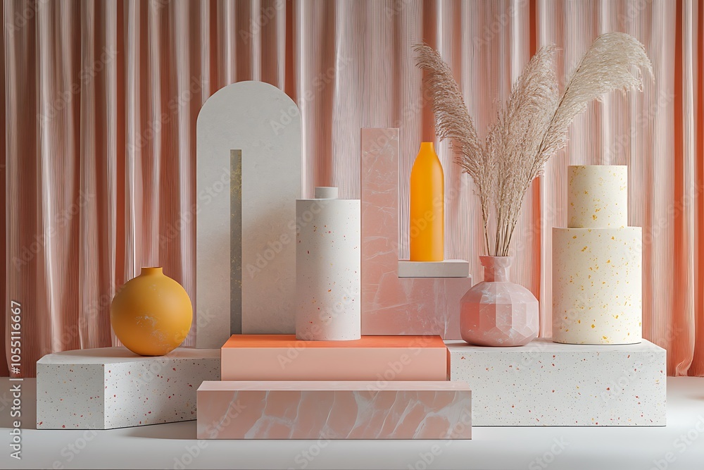 Obraz premium Pink background for product presentation with concrete podiums of geometric shapes. Empty podiums. Mockup.
