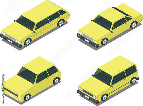 Isometric cars, old, retro cars, classic sedan, hatchback transportation