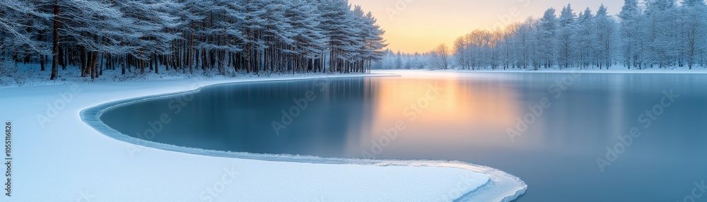 Serene winter landscape with snow-covered trees and a tranquil frozen lake at sunset. Serene winter landscape with snow-covered trees and a tranquil frozen lake at sunset.