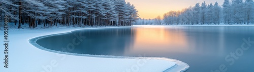 Serene winter landscape with snow-covered trees and a tranquil frozen lake at sunset.