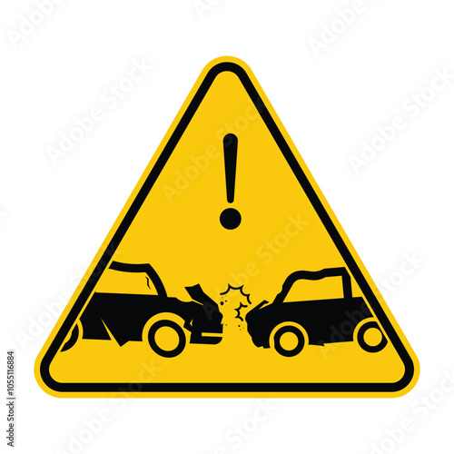 Yellow triangle road sign, caution car collusion, slow your speed, exclamation vehicle crash alert