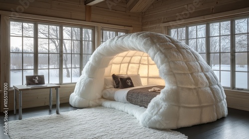 A cozy white fur-covered bed shaped like an igloo in a rustic wooden room with large windows. photo