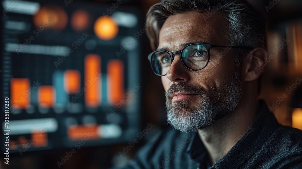 A focused man analyzing data on a computer screen. A focused man analyzing data on a computer screen.