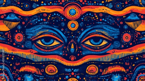 A vibrant, abstract illustration featuring eyes and cosmic patterns, evoking mysticism.