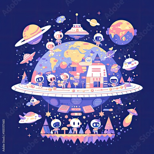 This whimsical and colorful illustration depicts a fantastical, futuristic world. A spherical planet is adorned with various structures, vehicles, and creatures, all rendered in a playful and cartooni photo