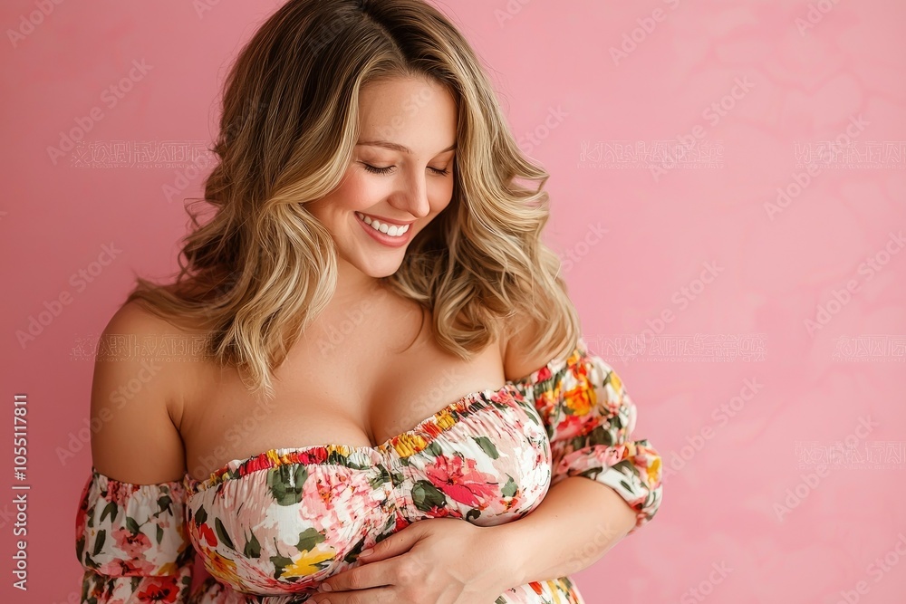 Smiling Pregnant Woman Against Pink Background Smiling Pregnant Woman Against Pink Background