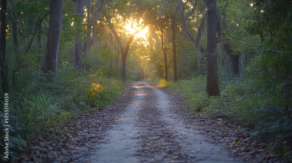 Fototapeta premium A dirt path winds through a lush forest, sunlight streaming through the trees creating a radiant glow.