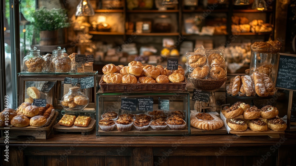 A display of freshly baked pastries and bread in a bakery with rustic shelves and wooden counter. A display of freshly baked pastries and bread in a bakery with rustic shelves and wooden counter.