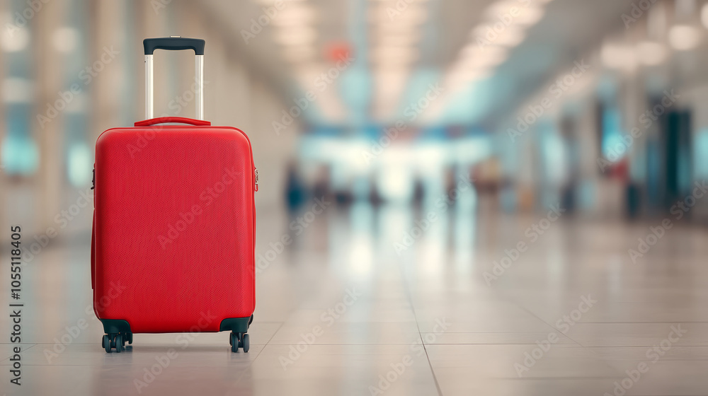 Red suitcase in a contemporary airport terminal, symbolizing travel, tourism, and vacation experiences Red suitcase in a contemporary airport terminal, symbolizing travel, tourism, and vacation experiences