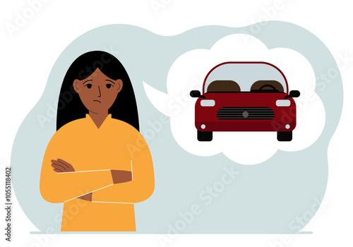 A sad woman dreams of a car. Near the woman is a large balloon with a red car. The concept of place, purchase, credit, thought. Vector flat illustration