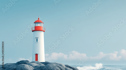 A majestic white lighthouse stands tall on a rugged coastline, its beacon guiding ships safely across the vast ocean