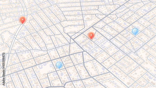 Generic city map with pins. Point of intended goal, many markers. Abstract navigation plan of urban area with POI on it. City streets and blocks. Colored editable vector illustration