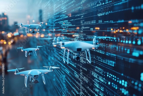 Four drones flying in front of a digital code wall in a city setting.