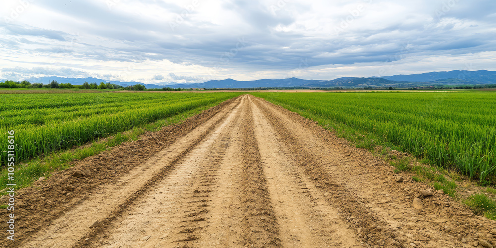 Picturesque dirt road winding through a lush green wheat field, with a backdrop of distant mountains under a cloudy sky Picturesque dirt road winding through a lush green wheat field, with a backdrop of distant mountains under a cloudy sky