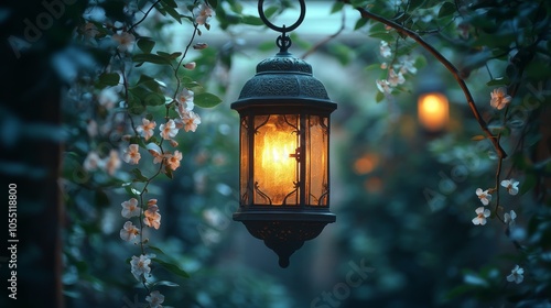 A hanging lantern with a warm glow illuminates a lush green garden with delicate white flowers.