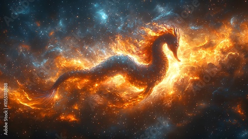 A mermaid riding a seahorse through a cosmic nebula