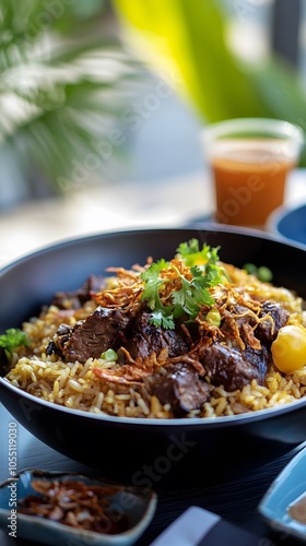 A modern take on Nasi Kebuli served in an elegant minimalist style.