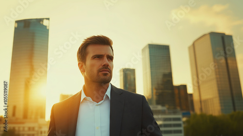 Contemplative businessman gazing at the sunset over the skyline of la defense, the prominent business hub of paris photo