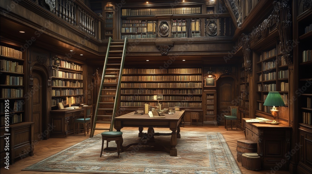 A large, wood-paneled library with bookshelves lining the walls, a ladder leading up to a balcony, and a table with chairs in the center. A large, wood-paneled library with bookshelves lining the walls, a ladder leading up to a balcony, and a table with chairs in the center.