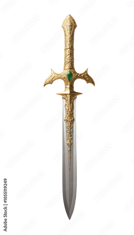 A gold and silver sword with a green stone on it.isolated on transparent or white background A gold and silver sword with a green stone on it.isolated on transparent or white background