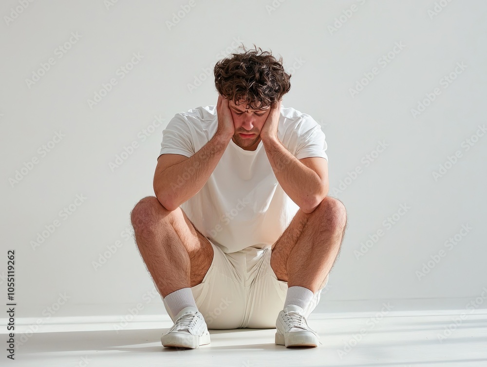 Naklejka premium Person Sitting on Floor in White Studio Setting