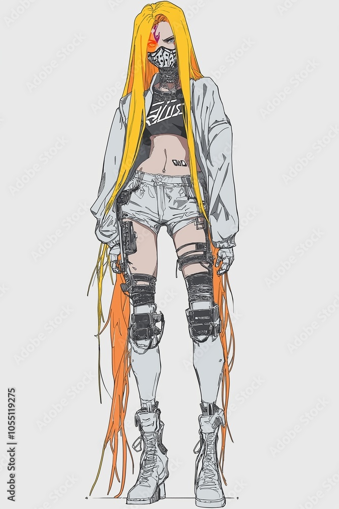 A futuristic character with long orange hair and cybernetic enhancements in an urban streetwear style stands confidently against a plain backdrop