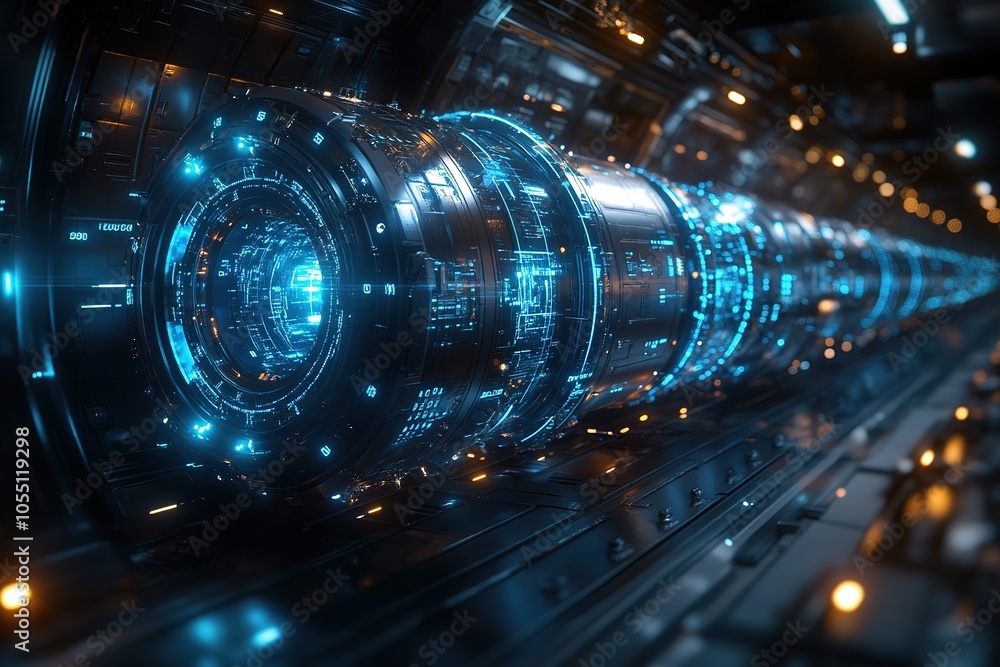 Futuristic blue glowing pipes in a dark industrial setting. Futuristic blue glowing pipes in a dark industrial setting.