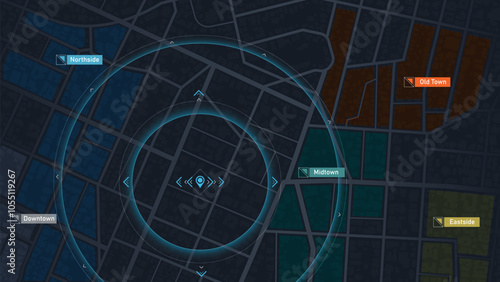 Locator position point. GPS tracking system to navigate around the city landmarks. Detailed city street map with directions to different locations. Vector illustration