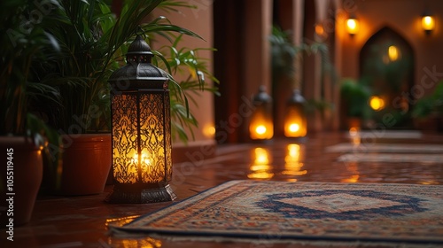 A lit lantern on a patio with a rug, potted plants, and string lights. photo