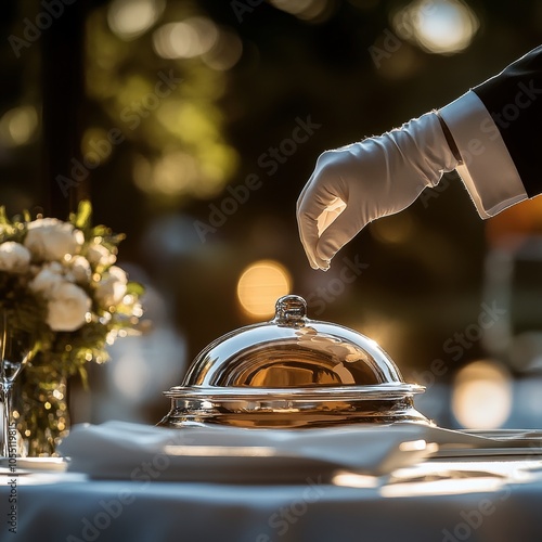 Elegant server lifting a silver cloche in a sophisticated dining setting.