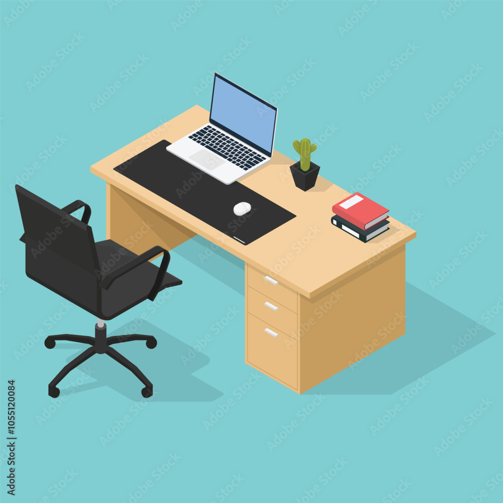 Isometric illustration of office desk with laptop, books, chair and plants Isometric illustration of office desk with laptop, books, chair and plants