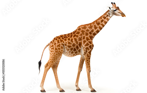 A tall giraffe standing alone on a white background, showcasing its long neck and spotted coat