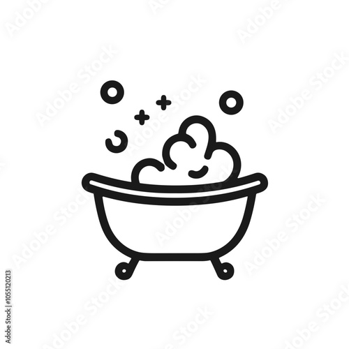 Bathtub with bubbles vector, black and white, relaxation