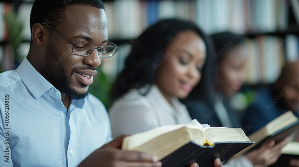 People Reading Books in a Library Setting