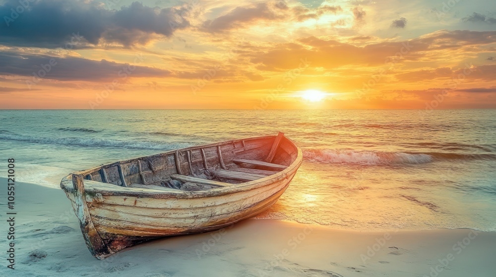 A weathered boat rests on a sandy beach at sunset, reflecting serene coastal beauty. A weathered boat rests on a sandy beach at sunset, reflecting serene coastal beauty.