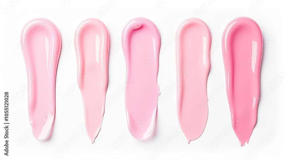 Set of different strokes and drops of translucent pink gel on white background Set of different strokes and drops of translucent pink gel on white background