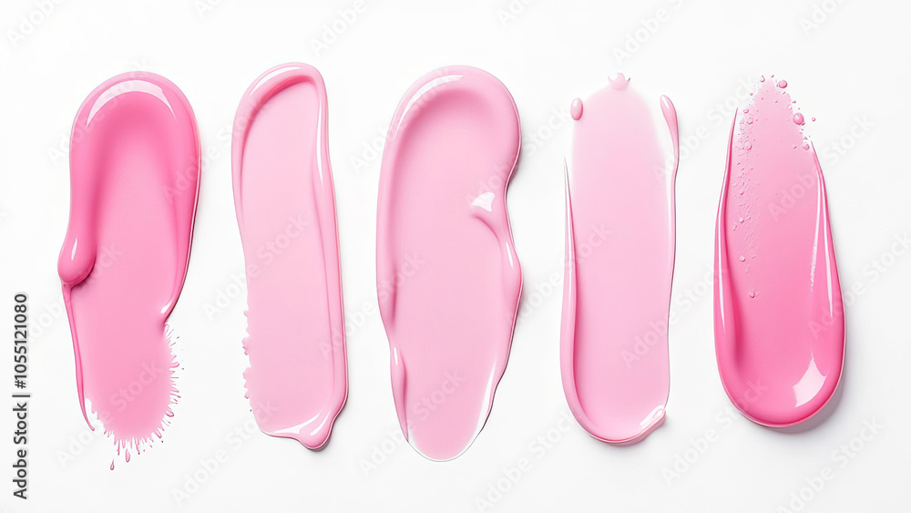 Set of different strokes and drops of translucent pink gel on white background Set of different strokes and drops of translucent pink gel on white background