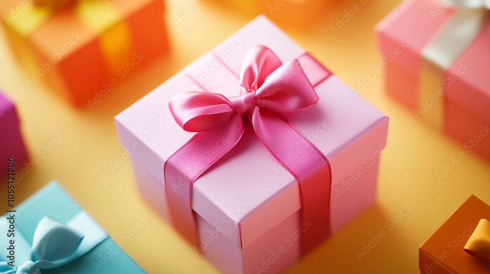 Delightful gift boxes in various colors are beautifully tied with ribbons, ready for celebration and surprise joy Delightful gift boxes in various colors are beautifully tied with ribbons, ready for celebration and surprise joy