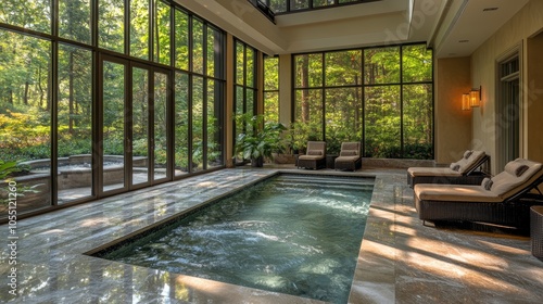 A luxurious indoor pool with large windows overlooking a lush green garden.