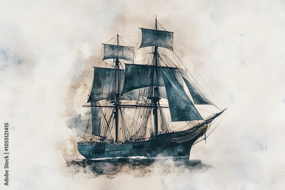 Fototapeta premium Wooden ship illustration. raster version