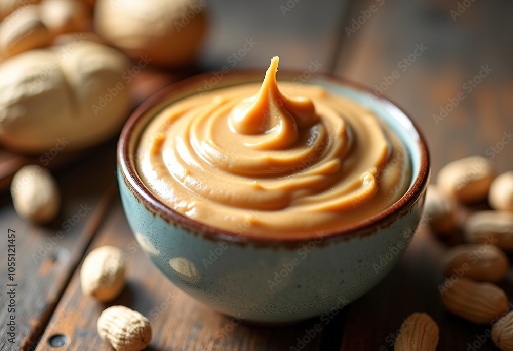 A close-up shot of a bowl filled with creamy peanut butter, surrounded by whole peanuts on a rustic wooden surface A close-up shot of a bowl filled with creamy peanut butter, surrounded by whole peanuts on a rustic wooden surface