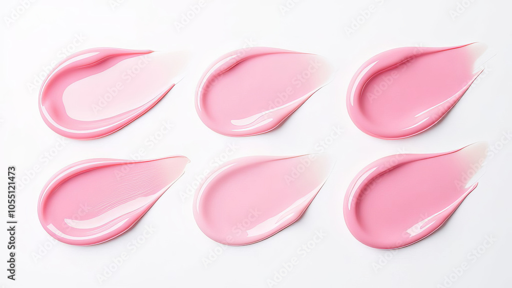 Set of different strokes and drops of translucent pink gel on white background Set of different strokes and drops of translucent pink gel on white background