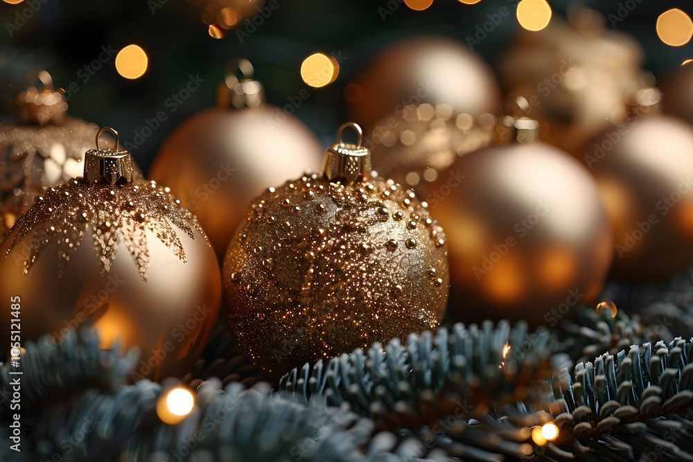 Fototapeta premium Elegant Christmas Holiday Decoration with Glittering Gold Ornaments on Pine Branches