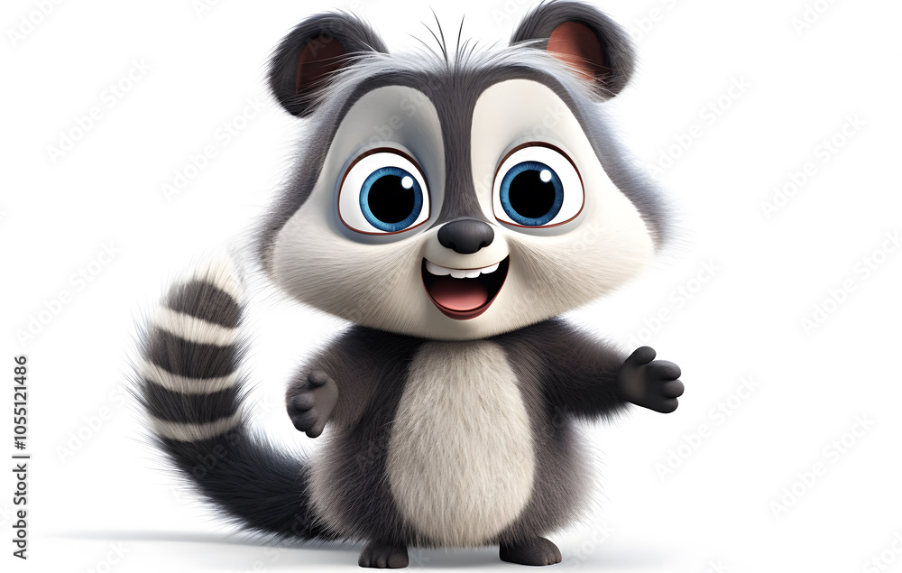Close-up of a small cartoon raccoon isolated on a white background, revealing its cute and fluffy appearance. Close-up of a small cartoon raccoon isolated on a white background, revealing its cute and fluffy appearance.