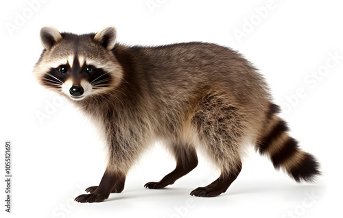 Close-up of a young raccoon isolated on a white background, showcasing its cute features and furry coat