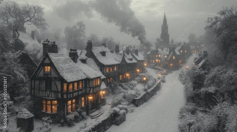 Snowy village scene with glowing windows and a church steeple. Snowy village scene with glowing windows and a church steeple.