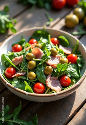 A fresh green salad with lettuce, tomatoes, olives, and slices of ham or prosciutto, dressed with olive oil