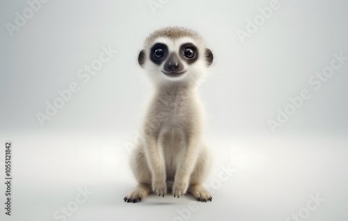 A cute meerkat standing alert and looking up in a white background, showcasing its watchful nature and small size photo